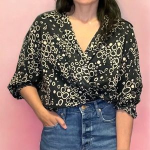 Vintage 90s 100% silk button down blouse black tan abstract PXL